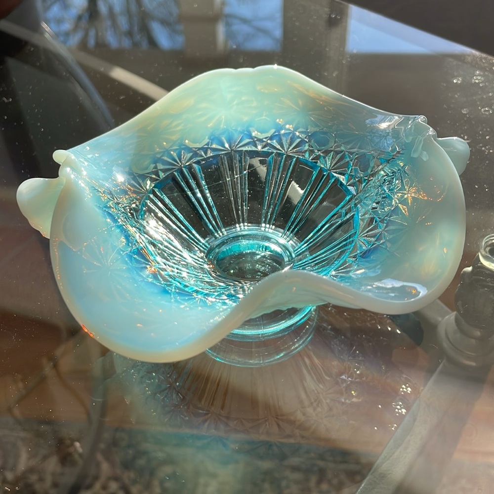 Fenton aqua opalescent bowl with beautiful milk glass handles